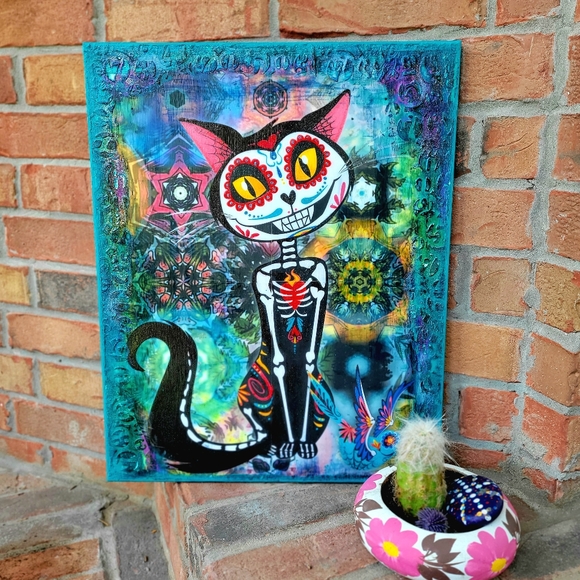 Sugar Skull Cat and Sparrow Day of Dead Painting Large 16x20 Canvas Handmade - Picture 3 of 10